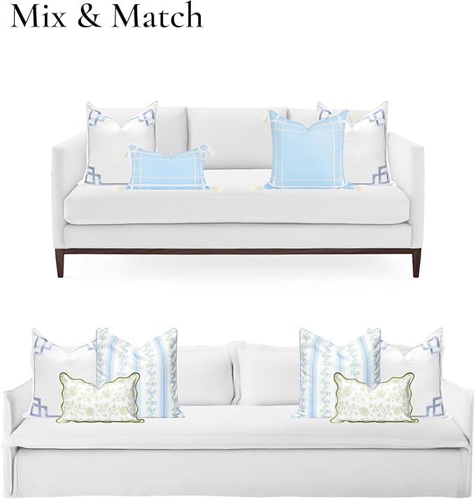 Hofdeco Premium Coastal Patio Indoor Outdoor Throw Pillow Cover Only, 20"x20" Water Repellent for Backyard, Couch, Baby Blue Embroidered Frame Greek Key (Pack of 2)