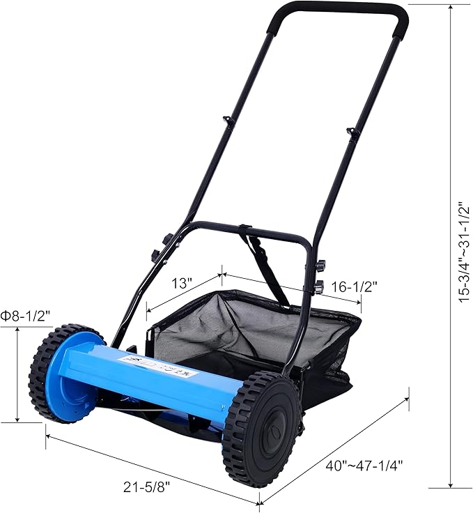 KEIKI 16-Inch Manual Lawn Mower, Push Reel Mowers w/Grass Catcher & Adjustable Cutting Height, 2-Wheels Small Lawnmower with 5 Steel Blades for Graden, Spaces Saving & Easy Assembly, Blue