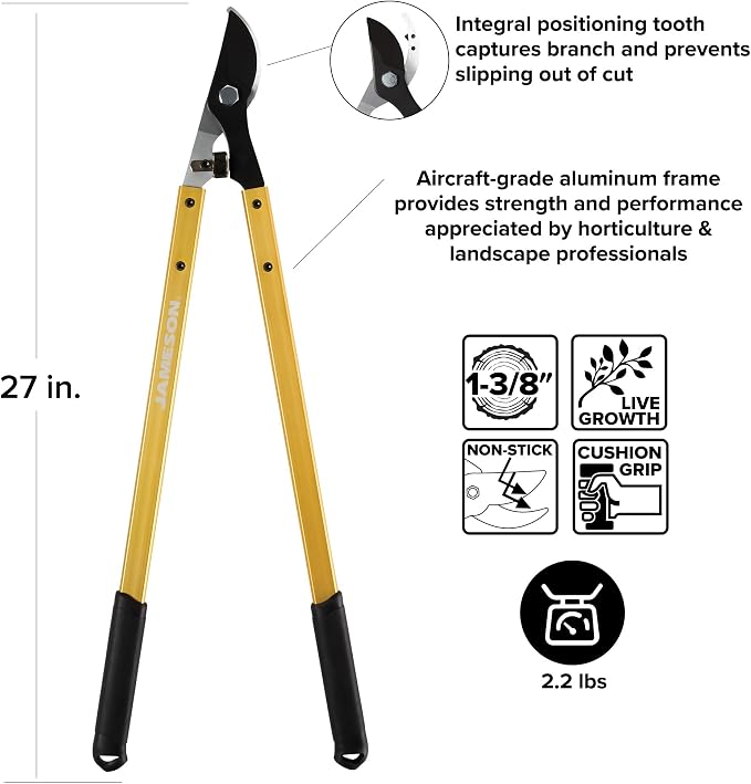 Jameson Professional 27" Bypass Lopper | 1-3/8" Cutting Capacity | Non-Stick Blade | Aircraft-Grade Aluminum Frame | Cushioned Grips | Gardening & Landscaping Tool