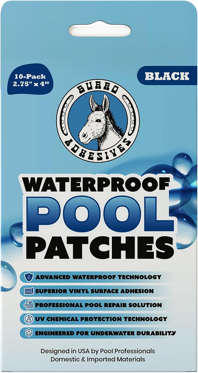 Burro Adhesives 10-Pack Waterproof Black Pool Patches - Professional Grade PVC Repair Kit with 2.75" x 4" Heavy Duty Patches for Commercial & Residential Vinyl Liner Pools, Works Underwater & Dry
