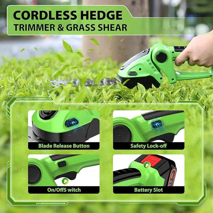 Cordless Hedge Trimmer & Grass Shears -24V Electric Shrub Trimmer Grass Shears Handheld Grass Cutter, Hedge Shear with 2 PCS Rechargeable Battery, Charger and Toolbox to for Garden, Lawn,Green