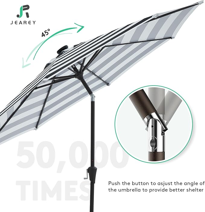 JEAREY 9FT Outdoor Patio Umbrella with Solar Lights, LED Lighted Pool Umbrella with Tilt and Crank, Outdoor Table Umbrellas for Deck, Yard & Market (Black & White Stripe)