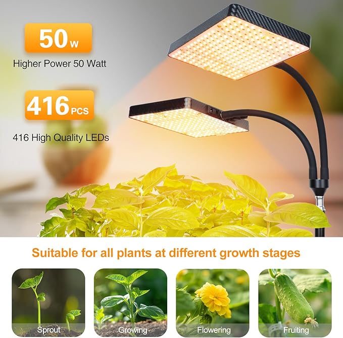 FECiDA 2026 2Head Grow Light with Stand, 50 Watt Power Draw, Bright and Big Coverage Grow Lights for Large Houseplants, Bonsai Tree, 4/8/12/16/20 Hr Timer, 24"-64" Height Adjustable, 360° Gooseneck