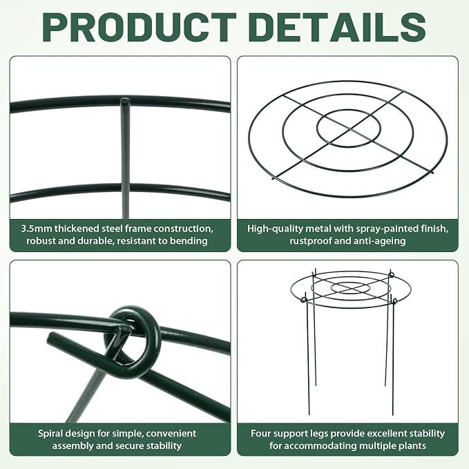 8 Pack Heavy Duty Metal Peony Cage and Supports, 4 Legs Plant Support Ring for Outdoor Plants Rose Sage Peonies Cucumbers Tomato Strawberry(11.8" Dx16 H)