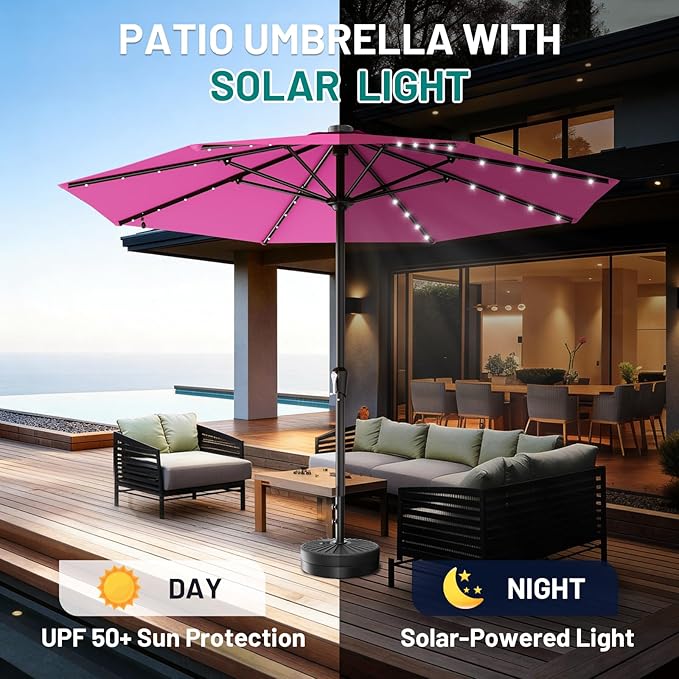 AreShark 11FT Large Patio Umbrella with Solar Lights, Lighted Solar Umbrella with Crank, Outdoor Table Market Umbrellas for Garden, Deck, Backyard, Pool and Beach, Rose Pink