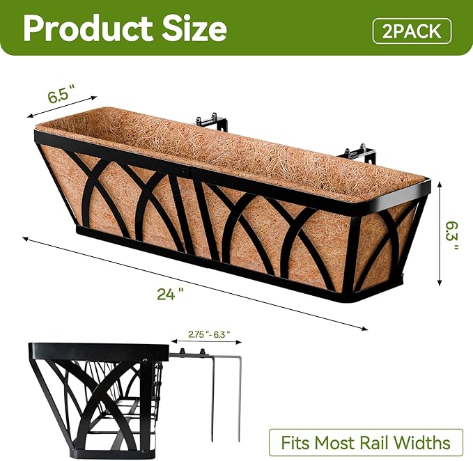Halatool 24 Inch Heavy-Duty Metal Deck Railing Planter Box, 2 Pack Rust-Resistant Rectangular Window Boxes Planters with Coco Liner & Adjustable Brackets, Grow More On Your Balcony, Patio & Fence
