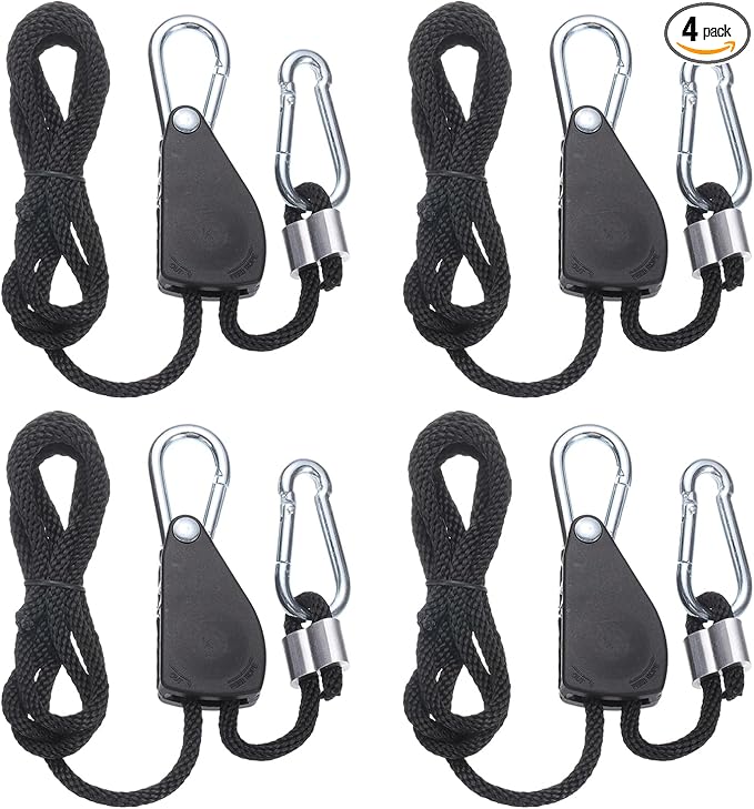 uxcell 4 Pairs 1/4" Adjustable Rope Hanger, 4.92ft(1.5 Meter) Heavy Duty Ratchet Tie Down Strap with Rope Clip Hanger for Hanging Plants, Grow Light and Various Tie-Down Uses, Black