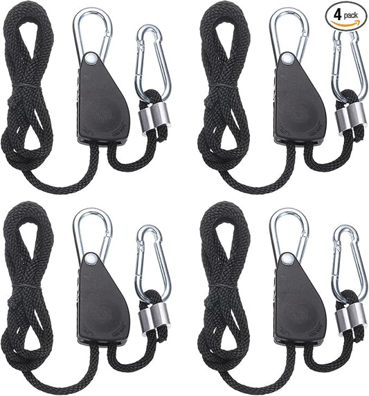 uxcell 4 Pairs 1/4" Adjustable Rope Hanger, 4.92ft(1.5 Meter) Heavy Duty Ratchet Tie Down Strap with Rope Clip Hanger for Hanging Plants, Grow Light and Various Tie-Down Uses, Black