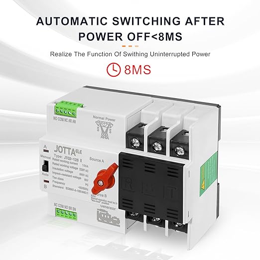 JOTTAELE ATS,Mini Size ATS,Automatic Transfer Switch 3P 100A 220V 50/60Hz,Changeover Switch for Generator,Household Emergency Switch for Power Supply