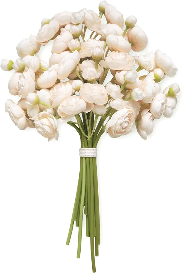 Ranunculus Artificial Flowers 18pcs, Faux Silk Mini Ranunculus Bulk Fake Wedding Filler Flowers for DIY Bouquets Centerpieces Bridal Shower Decorations Arrangements, Cream