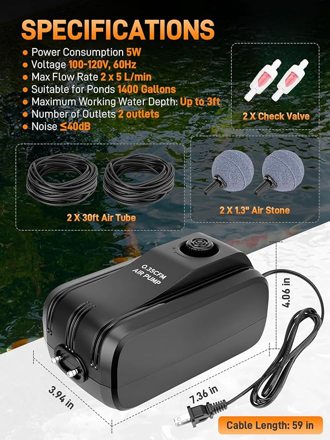 Pond Aerator 2 Outlets Air Pump Pond Aeration Kit with 30Ft Airline Tubings, 2 Check Valves & Air Stones, 5W Complete Pond Air Pumps for Small Fish Ponds up to 1400 Gallons and 4 Feet Deep