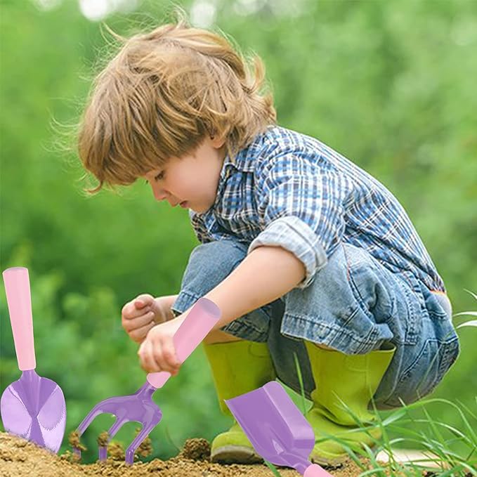 3 PCs Kids Gardening Set Trowel Rake Shovel Children's Garden Tools Pink Purple Kids Garden Tools Gardening Gifts for Kids Girls