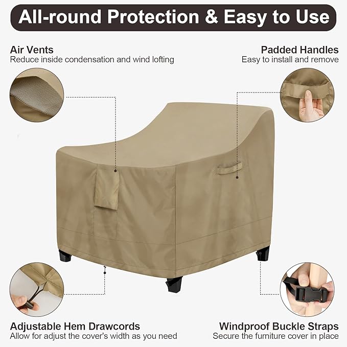 PureFit Outdoor Chair Covers Waterproof Patio Furniture Lawn Chair Covers for Outdoor Furniture with Air Vent and Padded Handles, Fits up to 35W x 38D x 31H Inches, Camel