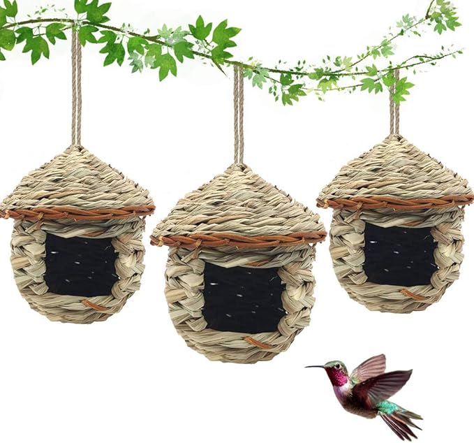 3 Pack Hummingbird House, Hand Woven Bird Nest for Outdoors Hanging, Small Grass Bird Houses for Outside, Natural Fiber Bird Hut Roosting Pocket for Finch Canary Chickadee
