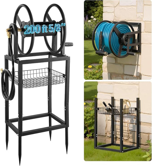 VEVOR Freestanding Garden Hose Reel, Holds 200 Feet of 5/8-inch Hose, Wall Mount or Ground Mount, Detachable Holder Stand with Storage Rack, 5 ft Leader Hose, Brass Fitting, 4 Spikes, for Backyards