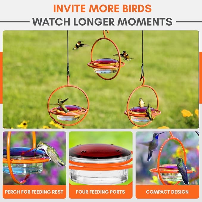 Hummingbird Feeder for Outdoors Hanging, 3.4 OZ Hummingbird Feeders, Glass Bowl with 4 Feeding Ports, Leak Proof Lid & Circular Perch, Orange Bird Feeder, Unique Hummingbird Feeders
