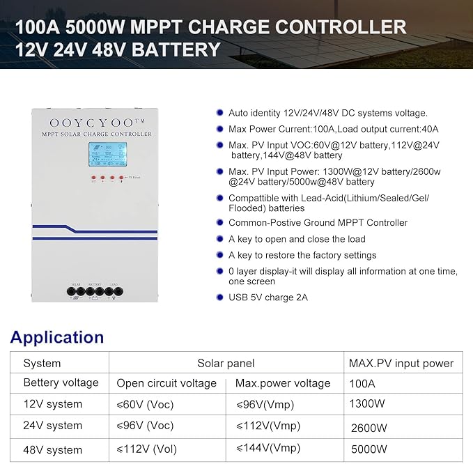 100 Amp MPPT Solar Charge Controller 48V 36V 24V 12V Auto,PV 150V Max Input Solar Panel , 100A Solar Panel Regulator Max Input Power 5000W, for AGM Sealed Gel Flooded Lithium Battery