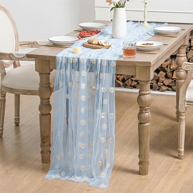 Horaldaily Blue Embroidery Daisy Spring Summer Gauze Tablecloth 52×70 Inch Rectangular, Seasonal Tulle Table Cover, Garden Party Decorations for Wedding, Party, Holiday Dining