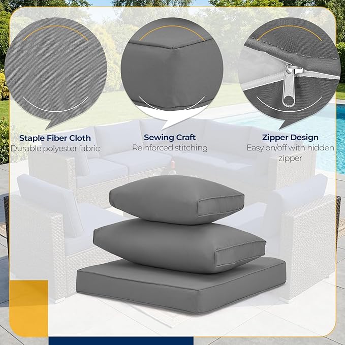HOMREST 14-Piece Outdoor Cushion Covers Set for Patio Furniture, Reversible Double-Sided Sofa Slipcovers with Zipper, Water-Repellent Replacement Covers Only (Grey, 25.6×25.6×3.9in)