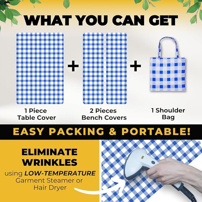 RNOONY 6ft Polyester Picnic Table Cover with Bench Covers Windproof & Waterproof Tablecloth, Perfect for Camping Gifts & RV Essentials, Cool Camping Gadgets, with Carrying Bag, 72x30 Inches, 4Pcs,Blue