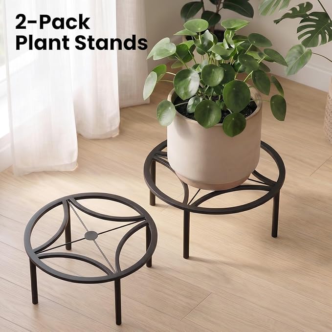 TOSKING 2-Pack Fully Assembled Heavy Duty Metal Plant Stand, Geometric Flower Pot Holder for Heavy Potted Plant, Rustproof Iron Plant Riser with Adjustable Feet, 220 LBS Capacity, No Installation Required, Black (13.4"Dia x 6.5"H)