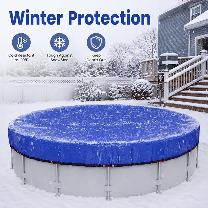 18FT Heavy Duty Pool Cover for Above Ground Pools,200 GSM Tear-Resistant Material,Windproof Secure Fit,All-Season UV Protection,Against Snow,Rain & Debris