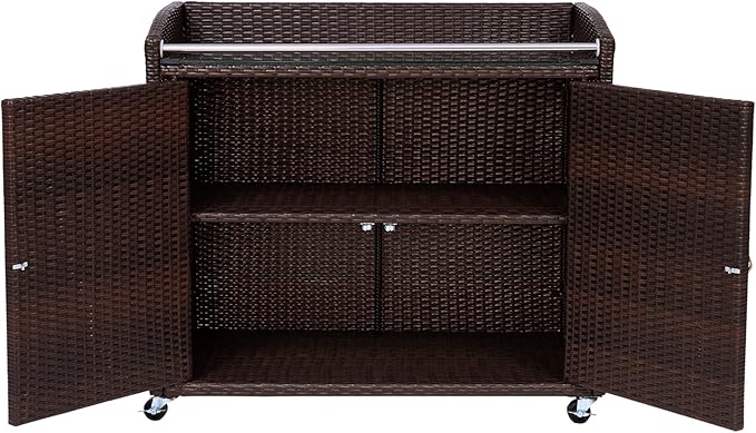 Teamson Home 39.5 in. Veronica Outdoor Rolling Bar Cart with Locking 360-degree Wheels, Weather-Resistant PE Rattan, Glass Tabletop, and 270 Gallon Storage Capacity, Brown