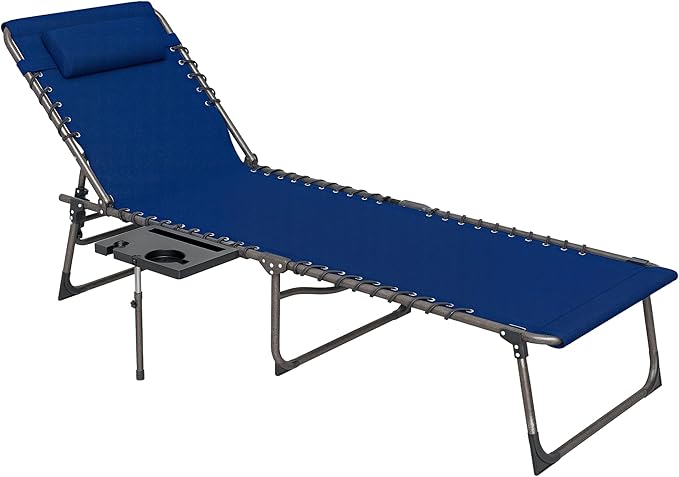 Outsunny Folding Chaise Lounge Chair Outdoor Tanning Chair with Side Table, 5-Level Adjustable Beach Lounge Chair with Headrest, Side Pocket for Patio, Backyard, Beach, Poolside, Dark Blue