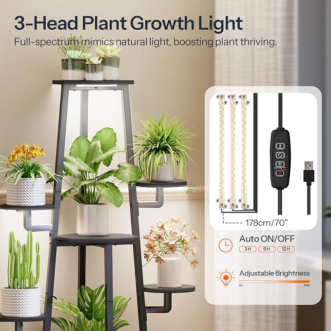 HOOBRO Plant Stand Indoor with Grow Lights, 7-Tier Plant Shelf | for Multiple Indoor Plants, 47.2"Corner Plant Stand Organizer with Metal Frame, for Living Room, Balcony, Patio