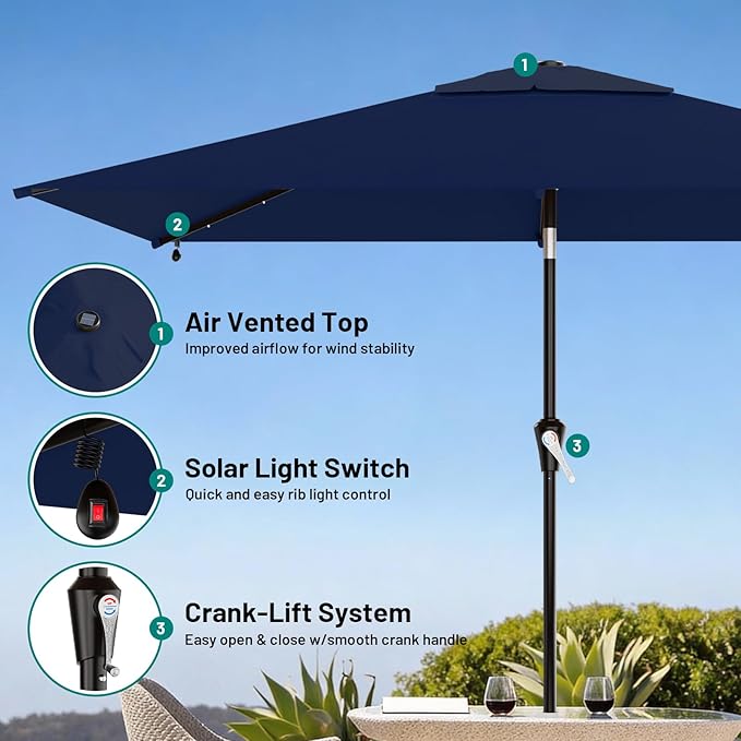AreShark 6.5' x 10' Rectangular Patio Umbrella with Solar Lights, Solar Powered Lighted Market Umbrella w/Tilt and Crank, Outdoor Table Umbrella for Garden, Deck, Backyard, Pool and Beach, Navy