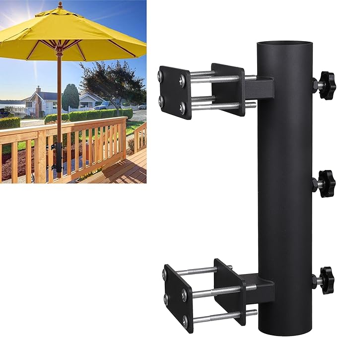 Patio Umbrella Holder Outdoor Deck Mount Umbrella Holder Heavy Duty Umbrella Clamp Hand-Turn Knob Umbrella Base Stand for Deck Railing, Fences，Docks, Courtyard Balcony, Patios