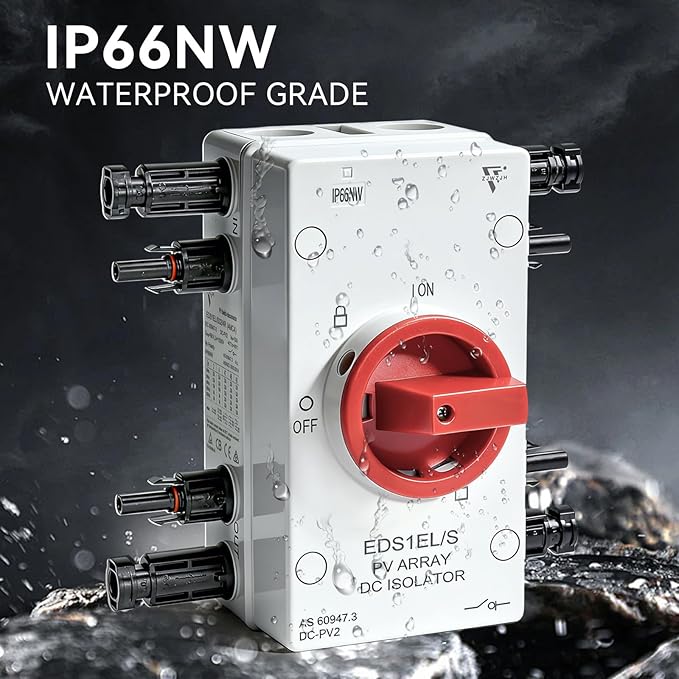 Solar Disconnect Switch 4-Pole DC1500 32A Isolator Solar Switch with Enclosure for Rooftop Solar Systems, RVs and Boat Waterproof IP66 Red
