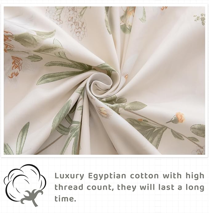 QSH Floral Queen Size Sheet Sets - 100% Egyptian Cotton Sheets Elegant Yellow Green Leaves Pattern Printed Bedding Sheets Queen Size Bed Extra Soft and Breathable 4pcs Deep Pockets Bed Sheets