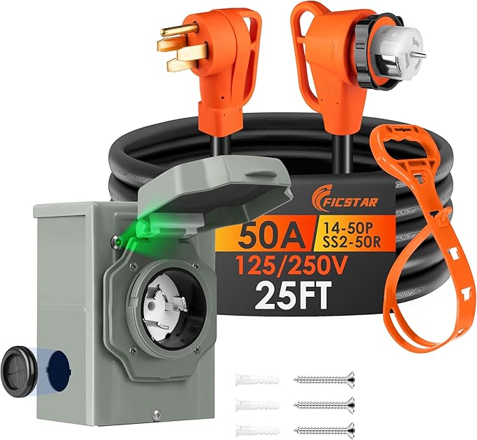 25FT 50 Amp Generator Cord and Power Inlet Box Kit, NEMA 14-50P to SS2-50R Generator Extension Cord, Pre-Drilled 50 Amp Generator Inlet Box with STW Wire, 125/250V, 12500W;UL&ETL Listed
