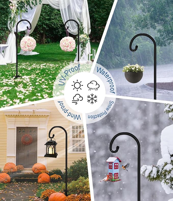 Artigarden 76 inch Outdoor Shepherd Hook with 7 Prong Base (2 Packs), Adjustable Heavy Duty Garden Hanging Stake for Bird Feeder Solar Light Plant Hanger Wedding Decor, Matte Black