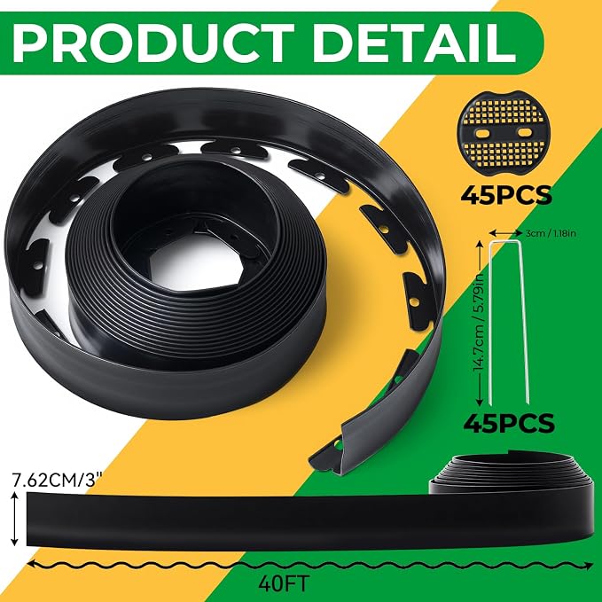 GOTGELIF Landscape Edging Border Kit No Dig, 3'' x 40FT, Black Garden Edging with 45 U-Shaped Nails for Lawn, Flower Beds, and Yard Borders