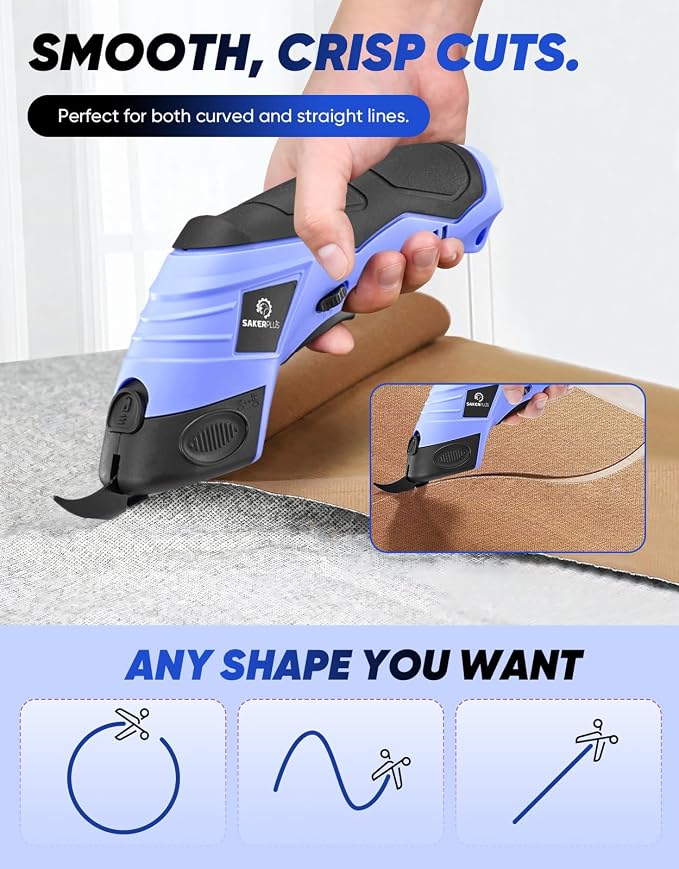 Sakerplus Cordless Electric Scissors, Fabric Scissors, Powerful Pinking Shears, Rechargeable Cardboard Cutter (Blue-Box(1 Tungsten Steel Blade))