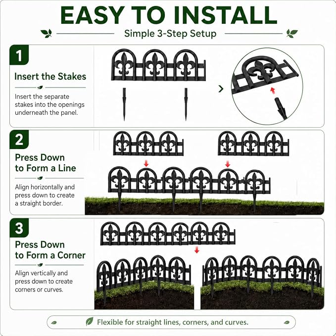 Evelyne Black Garden Border Plastic Edging – PP Plastic, Metal-Free Wrought Iron Look Design, 15pcs Black Yard Landscaping Fence Liner Lawn Edge Barrier, 20ft Kit of Decorative Lawn Landscape Panels