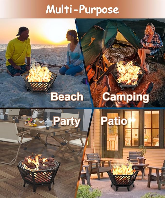 22.5 Inch Portable Hexagon Fire Pit with Travel Bag — Smokeless Patented Design Outdoor Wood Burning Fire Pit for Camping, Backyard, Patio, Bonfire, Picnic and BBQ, Diagonal Hollow Style