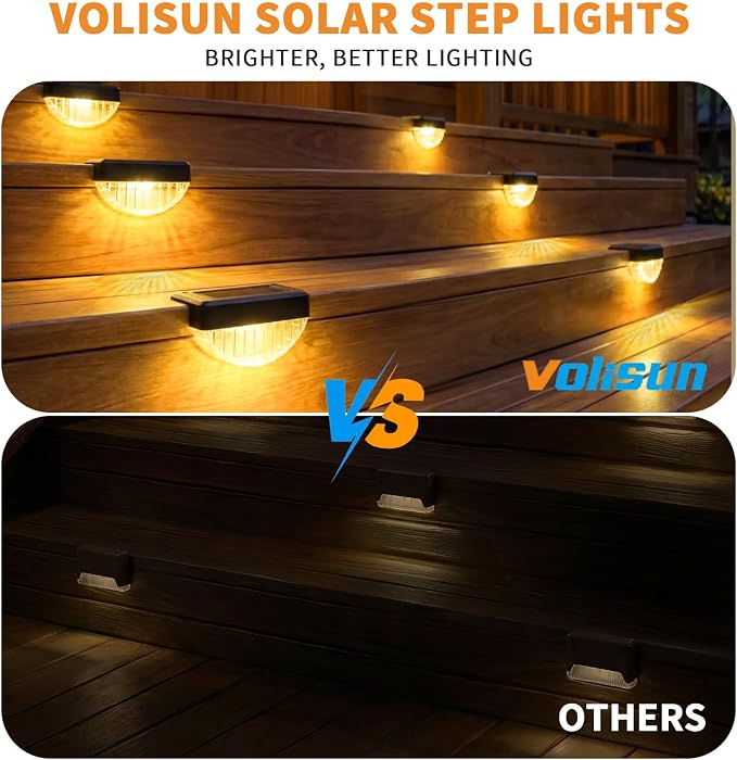 VOLISUN 8 Pack Solar Deck Lights Outdoor, Warm White LED Solar Step Lights for Outside, Waterproof Fence Light for Patio, Deck, Stairs, Yard, Pool and Porch (Black)