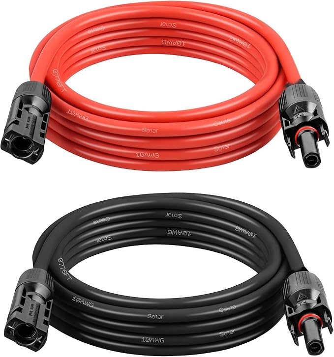 Solar Panel Extension Cable - 10AWG 6FT Solar Wire with Female & Male Waterproof Connector PV Wire for RV, Photovoltaic Systems, Home, Boat, Solar Panels, Car(6 feet Red + 6 feet Black)