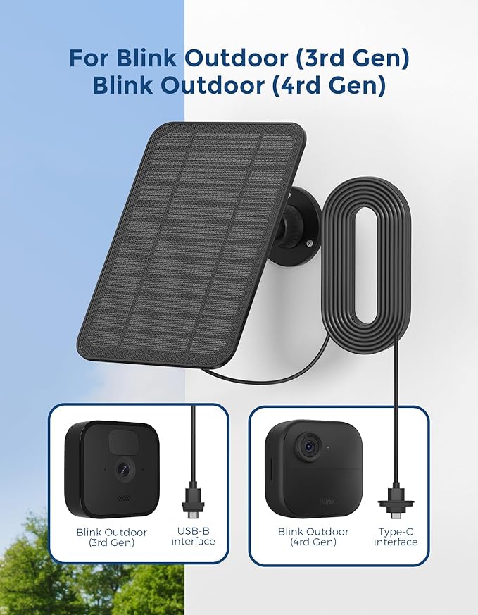 Solar Panel for Blink Outdoor Cameras – Compatible with Blink Outdoor 4/3 (XT3, XT/XT2), 5V 5W Charger with 13ft Cable, USB-C or Micro USB Rubber Plug & IP65 Weatherproof, 2 Pack