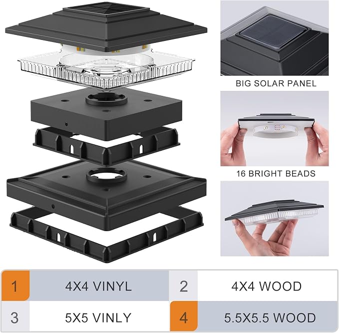 APONUO Solar Post Cap Lights 6-Pack, Black IP64 Waterproof 16 LED Fence Post Solar Lights for 4x4 5x5 6x6 Wood/Vinyl Posts, 2-Mode Deck Post Lights Solar Powered, 10-Hr Lighting for Patio Yard Porch