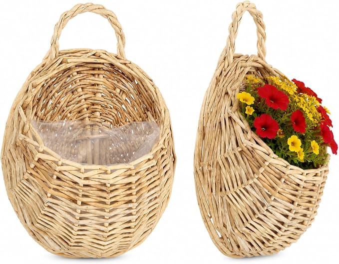 DOITOOL Willow Wall Basket, 2PCS Flat Back Woven Hanging Planter, Semi Circular Baskets, Boho Flower Holder, Wall Hanging Willow Storage for Indoor Outdoor Plant Flower Fruit Kitchen Storage