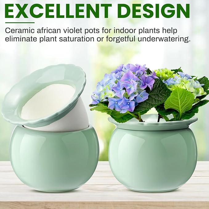 Suclain 2 Pcs African Violet Pots, 6.5 Inch Self Watering Pots for Indoor Flowers and Plants Ceramic Easy Self Watering Plant Pot with Highly Absorbent Inner Planter Pot for Tropical Plants(Green)