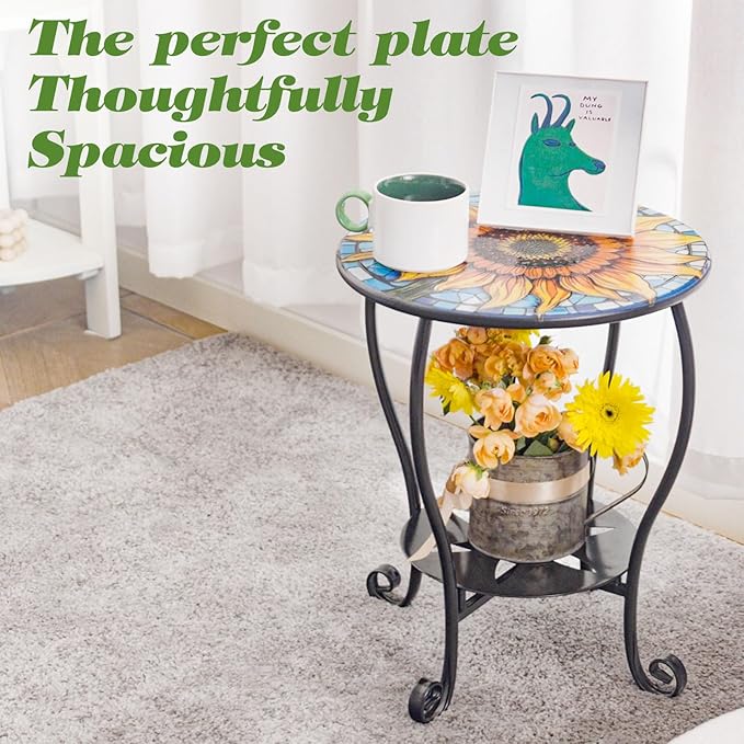 Outdoor Side Table Mosaic Patio Small End Table Metal Coffee Tea Accent Table for Patio Living Room Bedroom Yard Porch Garden (Yellow Sunflowers)