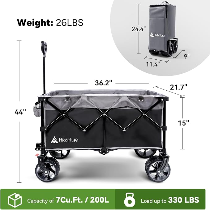 Hikenture Collapsible Wagon Cart, 330lbs Capacity Beach Wagons with Big Wheels for Sand, Heavy Duty Foldable Cart with Brakes, Portable Utility Folding Garden Cart for Outdoor
