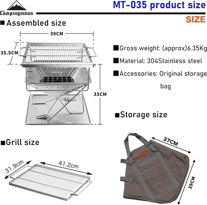 Campingmoon BBQ Grill Fire Pit Foldable Stainless Steel - Medium MT-035