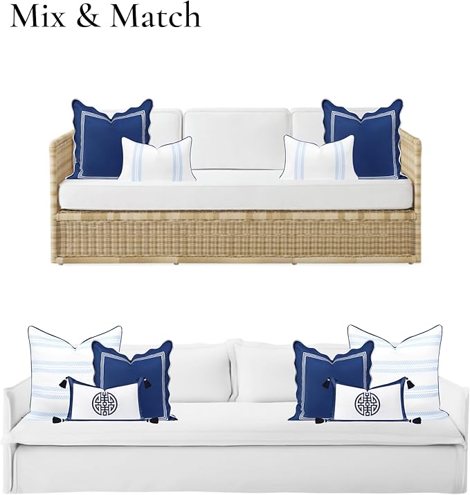 Hofdeco Premium Coastal Hampton Scalloped Patio Indoor Outdoor Throw Pillow Cover Only, 20"x20" Water Repellent for Backyard, Couch, Poolside, Navy Blue Embroidered Frame