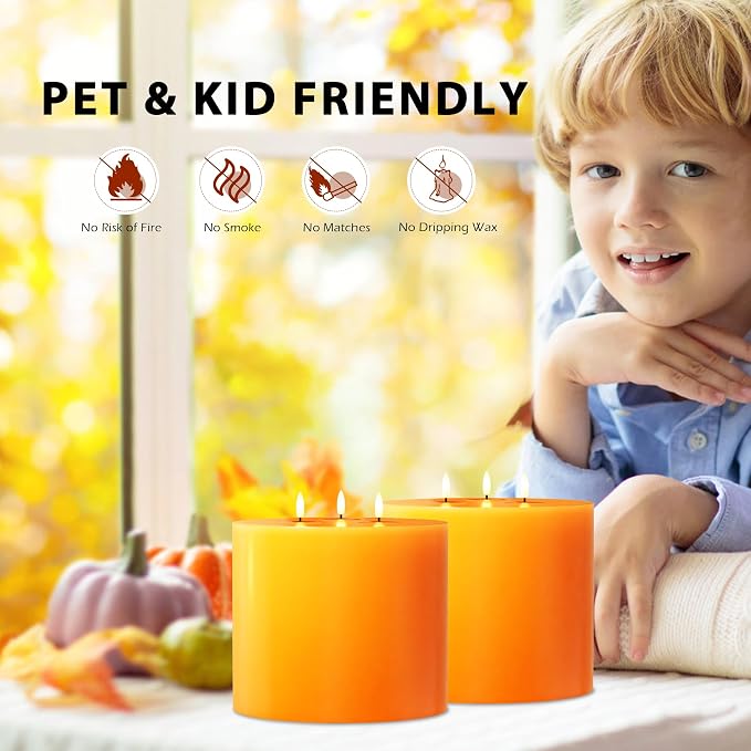 Orange Extra Large Flameless Candle 6"x6" 3 Wick Battery Operated Real Wax Pillar with Remote & Timer Flickering Flame LED Candle Orange for Halloween, Christmas Home Decor